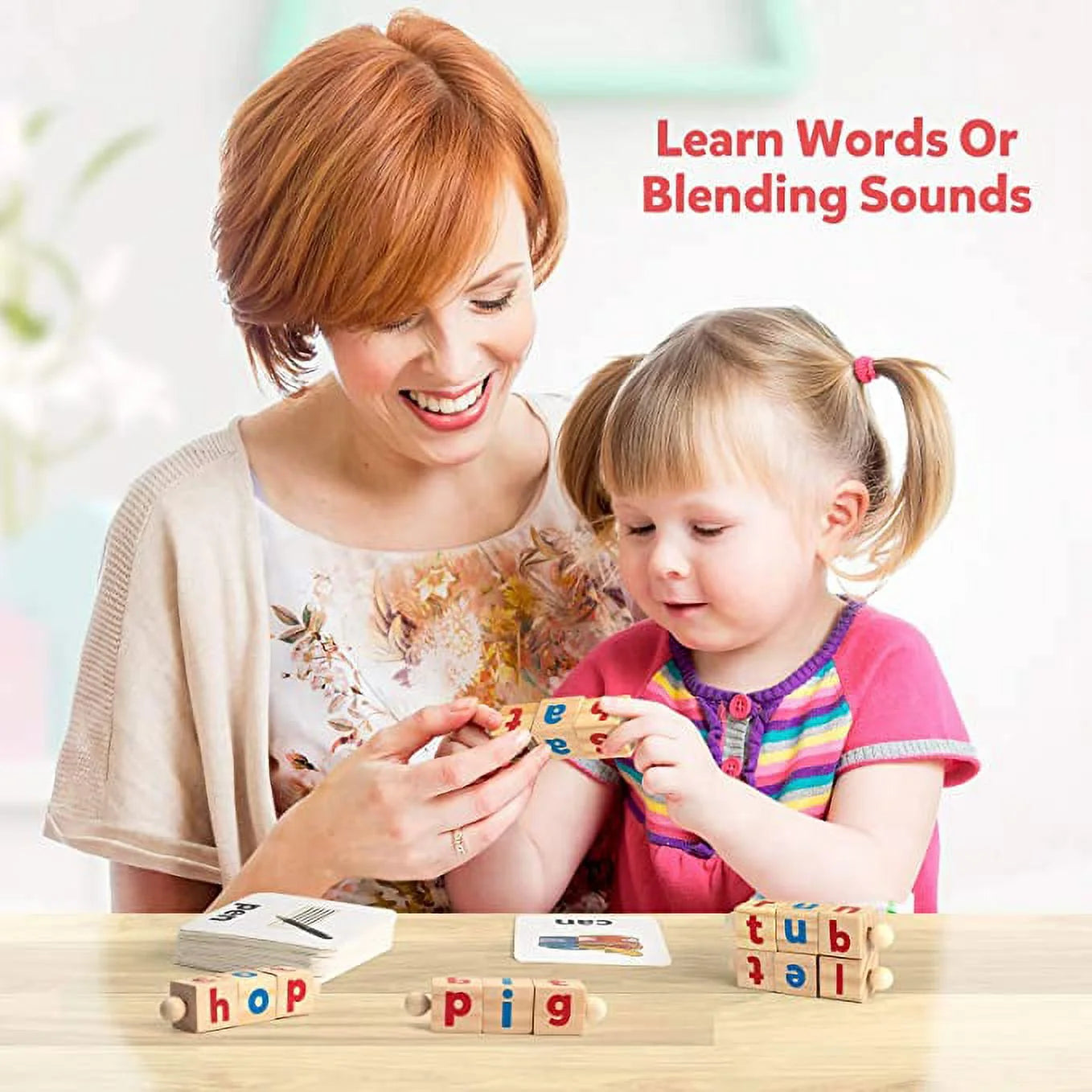 Wooden Reading Blocks Short Vowel Rods Spelling Games, Flash Cards Turning Rotating Letter Puzzle, Sight Words Montessori Spinning Alphabet Learning Toy for Preschool 3 Year