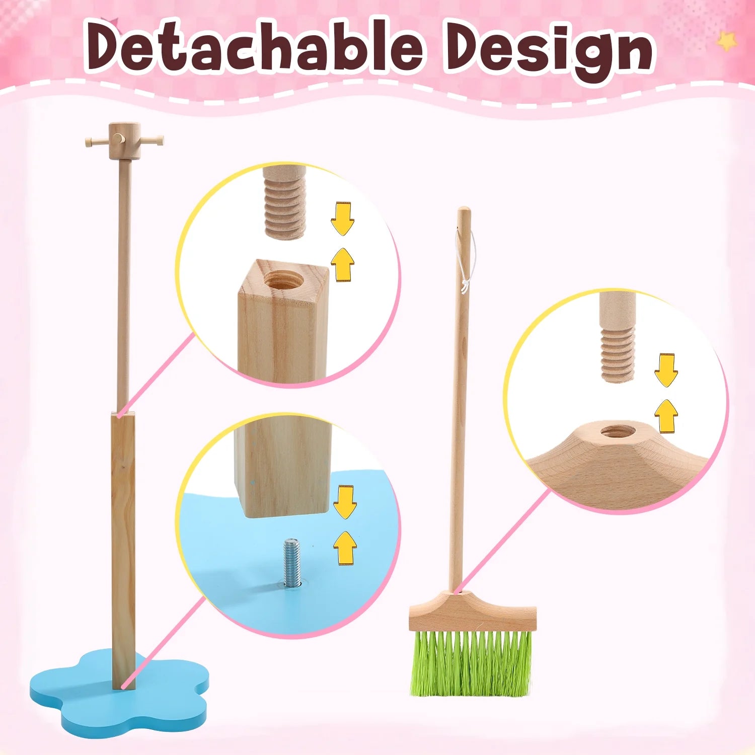6 Pcs Wooden Toddler Cleaning Set, Pretend Play Household Cleaning Tools Gifts for Kids Age 3-6, Includes Broom, Mop, Duster and Dustpan, Safe & Durable