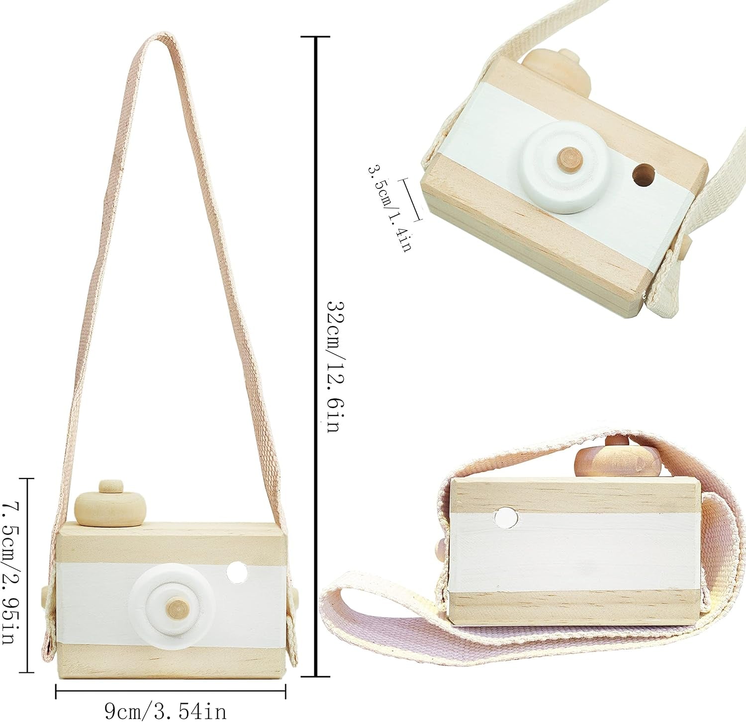 Baby Toy Wooden Mini Camera Toy, Baby Kids Cute Mini Sharpe Toy, Neck Hanging Photographed Props for Baby Toddlers Children Kids' Room Hanging Decor Gift (White-2)