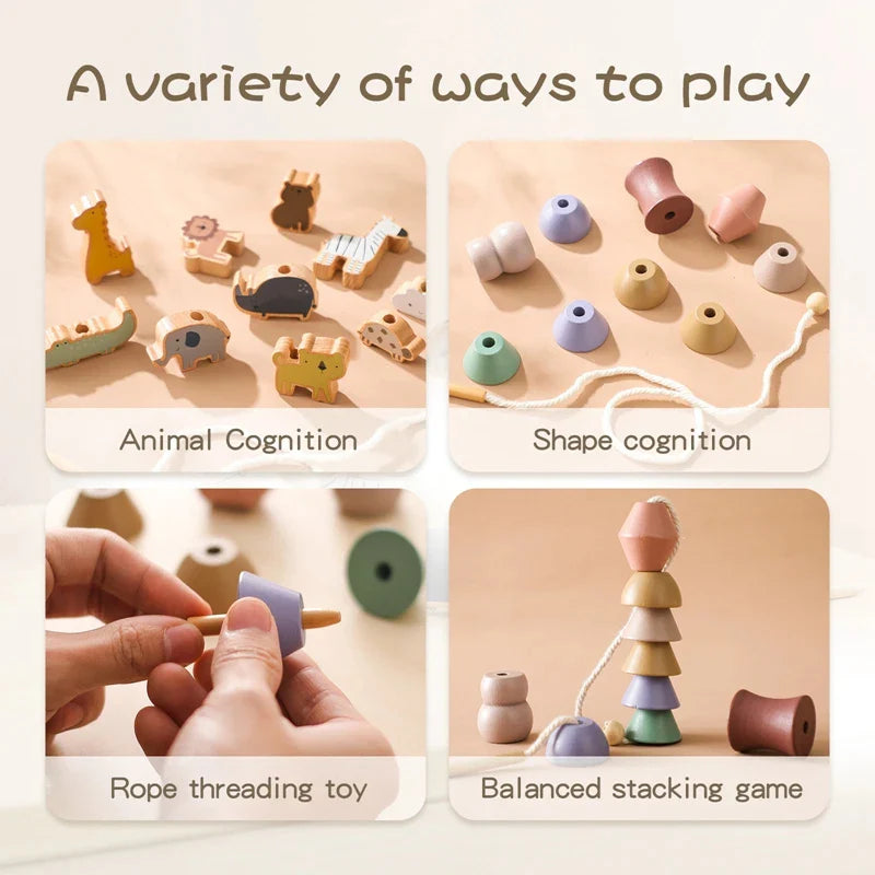 Wooden Animals Threading Toys Lacing Beads for Toddlers 2 3 4 5 Years Old, Stacking Blocks Balance Toy, Educational Preschool Learning Toy, Montessori Activities for Boys & Girls