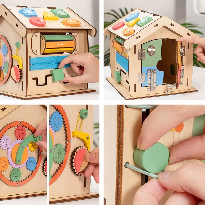 Kids Wooden Montessori House Educational Toy Busy Board Activity Object Permanence Box Fine Motor Skill Sensory Toys for Toddler