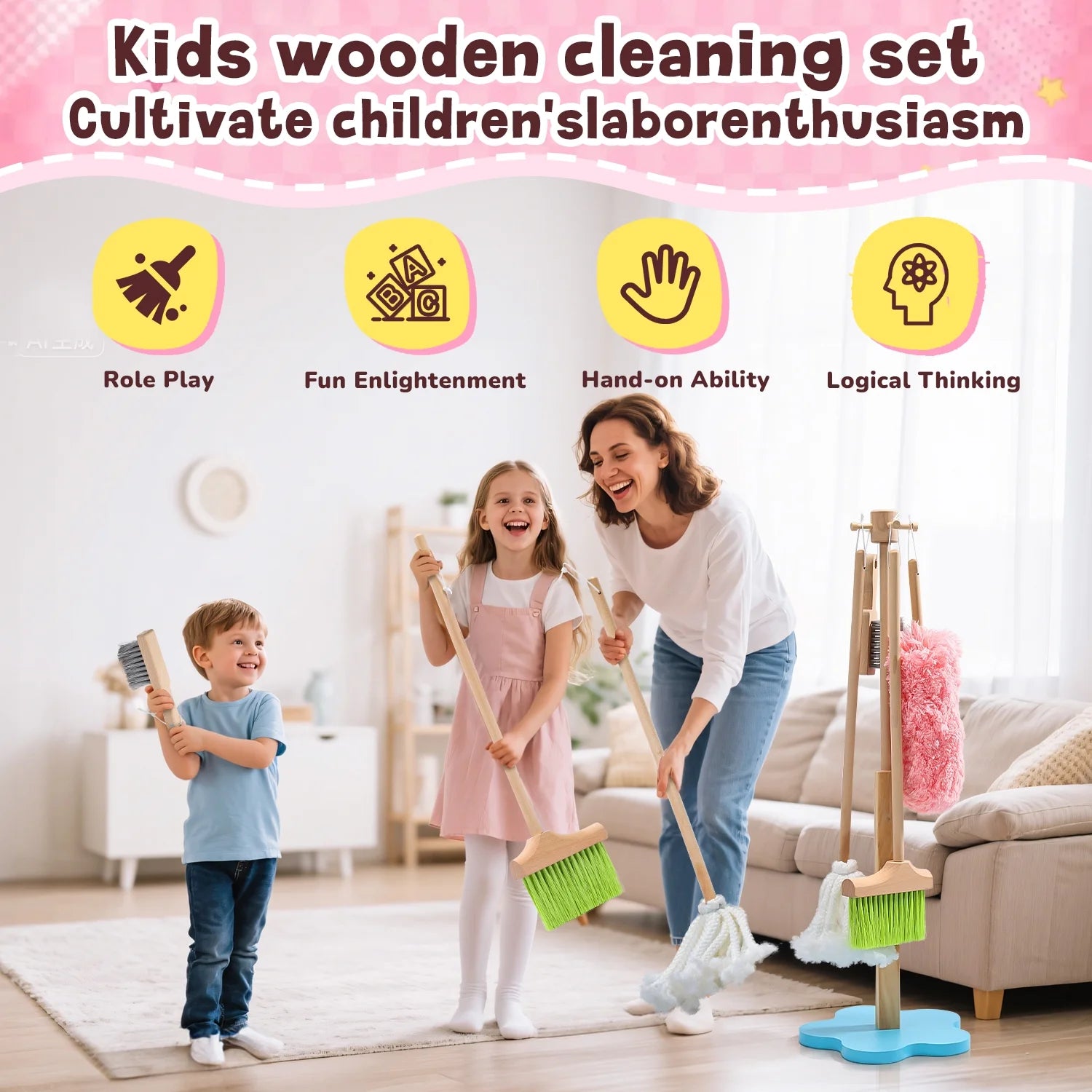 6 Pcs Wooden Toddler Cleaning Set, Pretend Play Household Cleaning Tools Gifts for Kids Age 3-6, Includes Broom, Mop, Duster and Dustpan, Safe & Durable