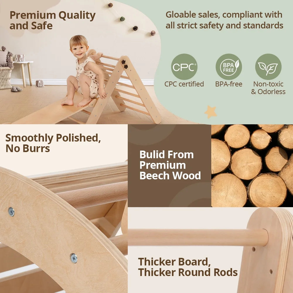 Pikler Triangle Set,  8 in 1 Montessori Climbing Set, Wooden Climbing Toys, with Arch, Ramp, Ladder, Tent and Cushion, Indoor Jungle Gym for Toddlers 0.5-6 Years Old