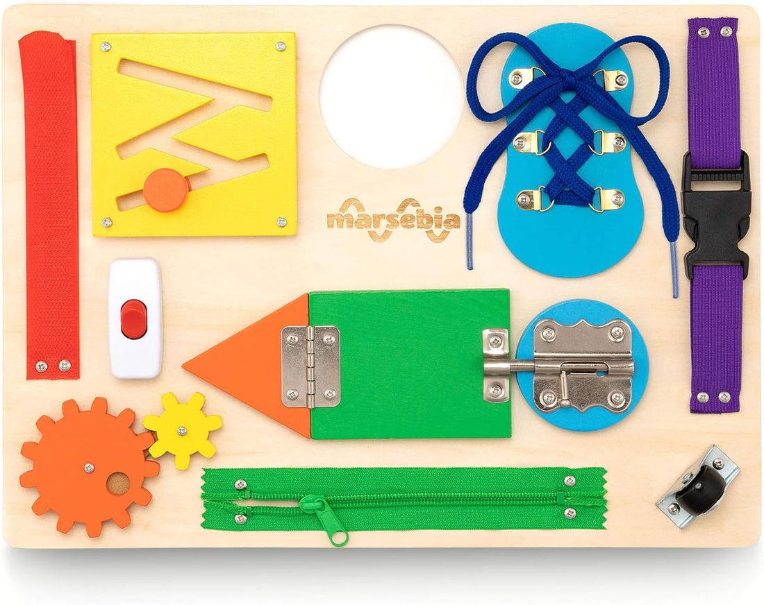 Montessori Busy Board for Toddlers - Activity Board for Fine Motor Skills, 3 Years Travel Toy with Basic Life Skills Activities - Wooden Sensory Toy for Boys & Girls, Multiple Colors