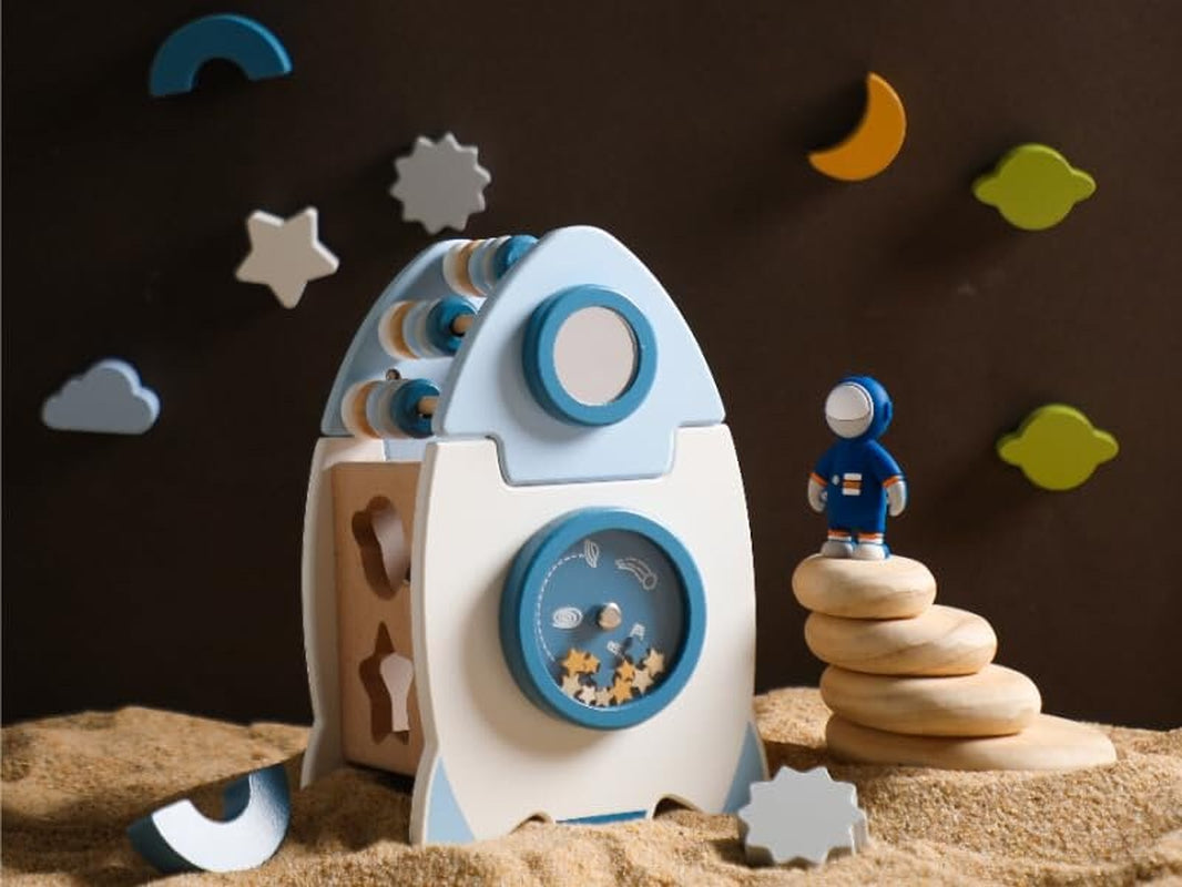 Wooden Montessori Space Rocket Busy Cube: Shape Sorting Toy