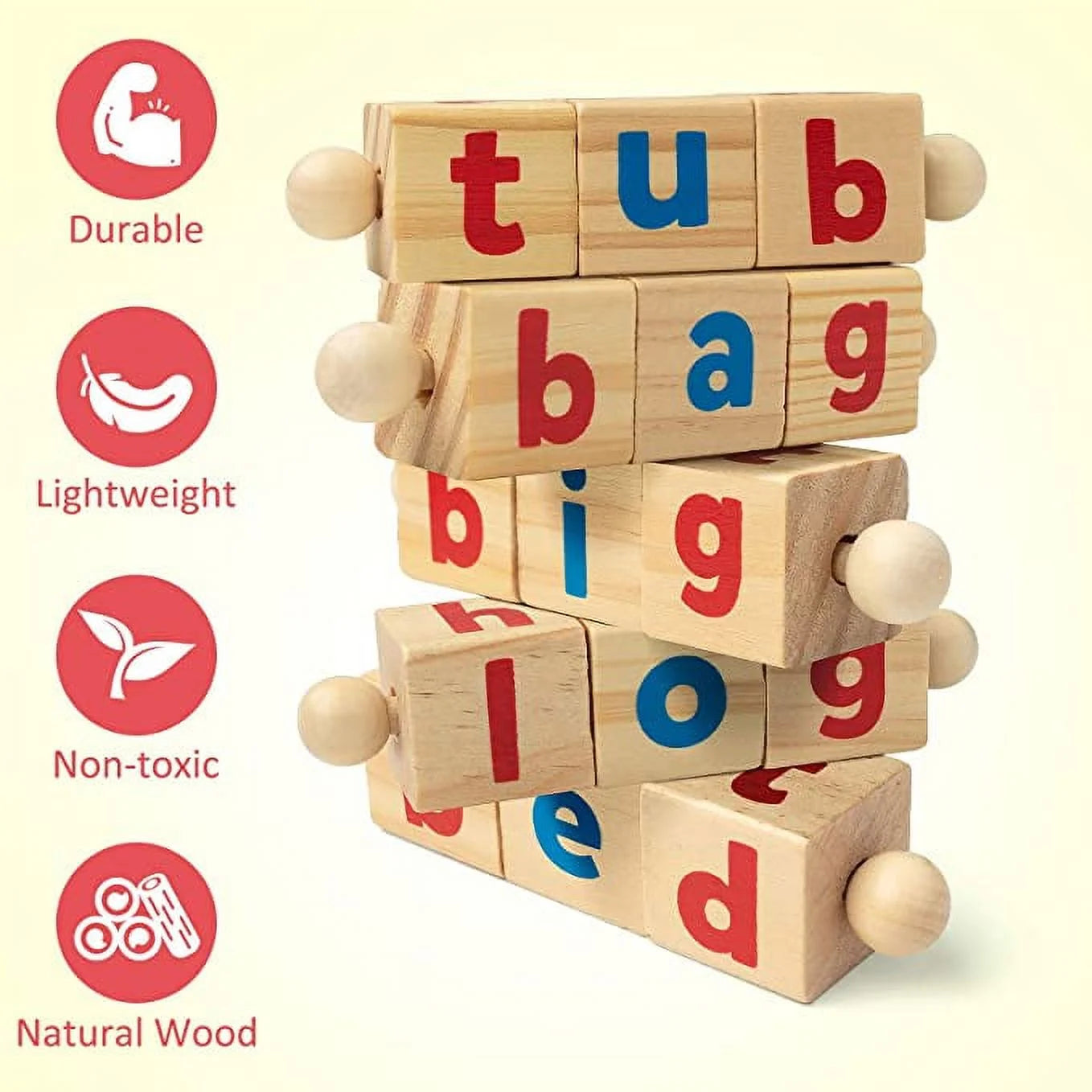 Wooden Reading Blocks Short Vowel Rods Spelling Games, Flash Cards Turning Rotating Letter Puzzle, Sight Words Montessori Spinning Alphabet Learning Toy for Preschool 3 Year
