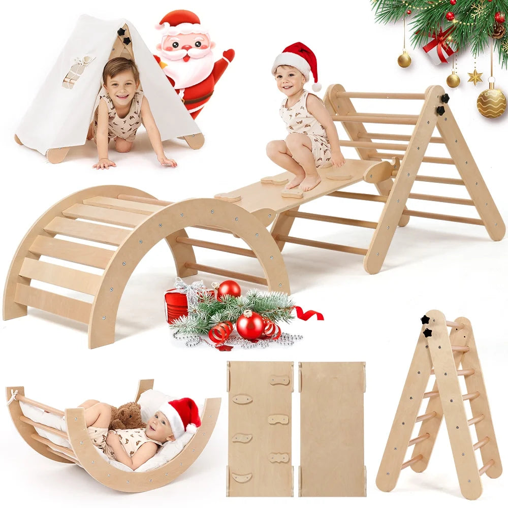 Pikler Triangle Set,  8 in 1 Montessori Climbing Set, Wooden Climbing Toys, with Arch, Ramp, Ladder, Tent and Cushion, Indoor Jungle Gym for Toddlers 0.5-6 Years Old