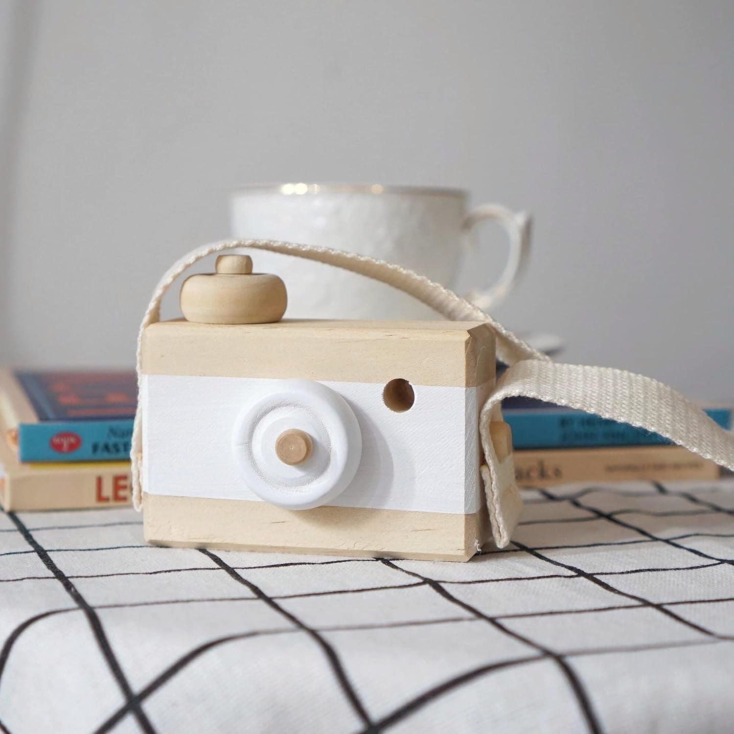 Baby Toy Wooden Mini Camera Toy, Baby Kids Cute Mini Sharpe Toy, Neck Hanging Photographed Props for Baby Toddlers Children Kids' Room Hanging Decor Gift (White-2)