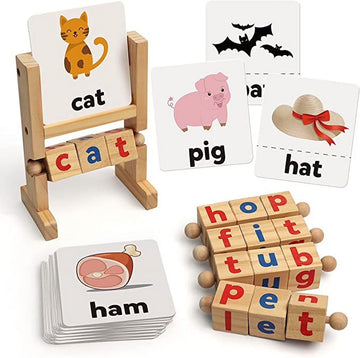 Wooden Reading Blocks Short Vowel Rods Spelling Games, Flash Cards Turning Rotating Letter Puzzle, Sight Words Montessori Spinning Alphabet Learning Toy for Preschool 3 Year