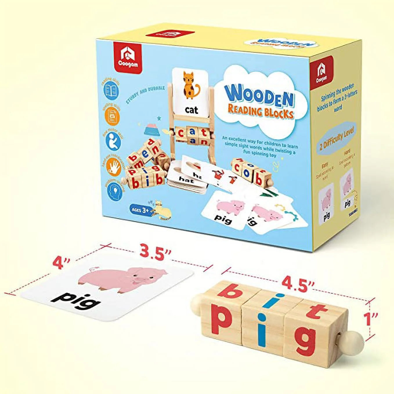 Wooden Reading Blocks Short Vowel Rods Spelling Games, Flash Cards Turning Rotating Letter Puzzle, Sight Words Montessori Spinning Alphabet Learning Toy for Preschool 3 Year