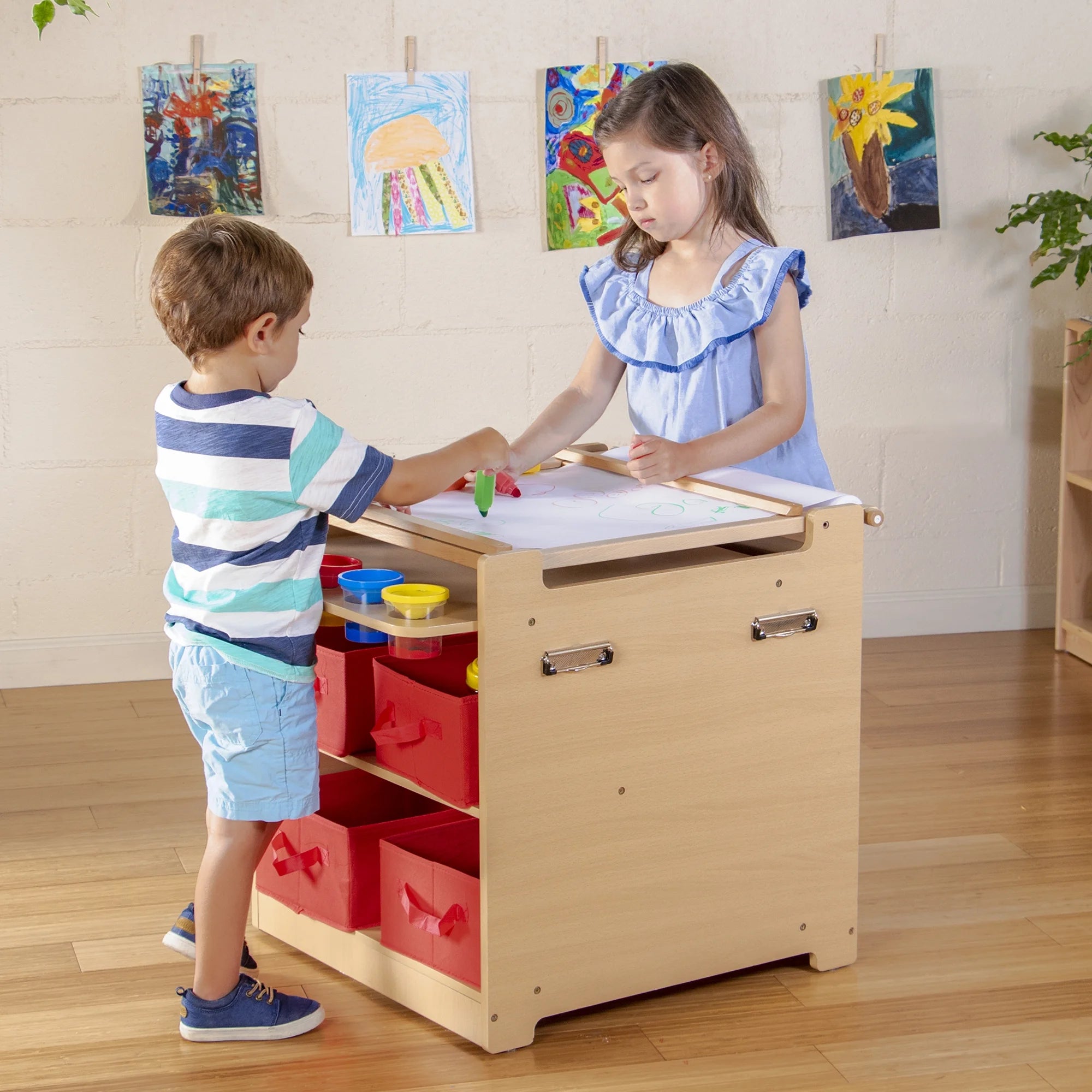 Kids Desk to Easel Art Cart - Natural: Wooden Toddler Art Activity Center with Chalkboard and Art Easel for Kids