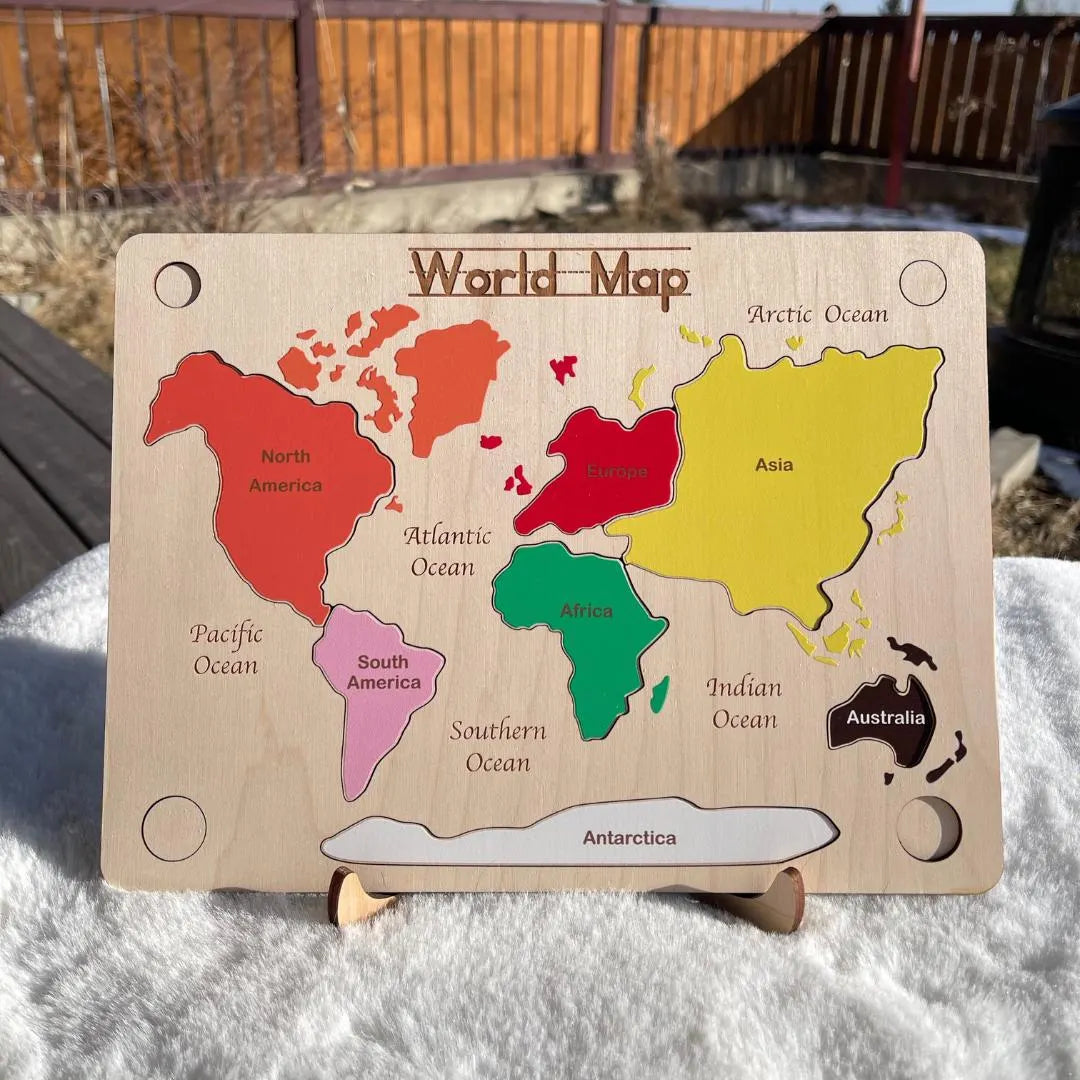 Wooden World Puzzle Map – Montessori Geography Toy | Canadian Maple Wood | Formaldehyde-Free | Custom Name Option