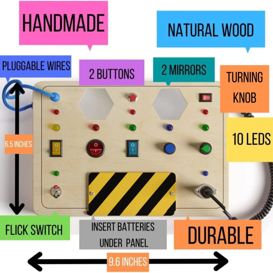 Large Montessori Wooden Busy Board with Light up LED Buttons - Educational Sensory Learning Toy for Toddlers