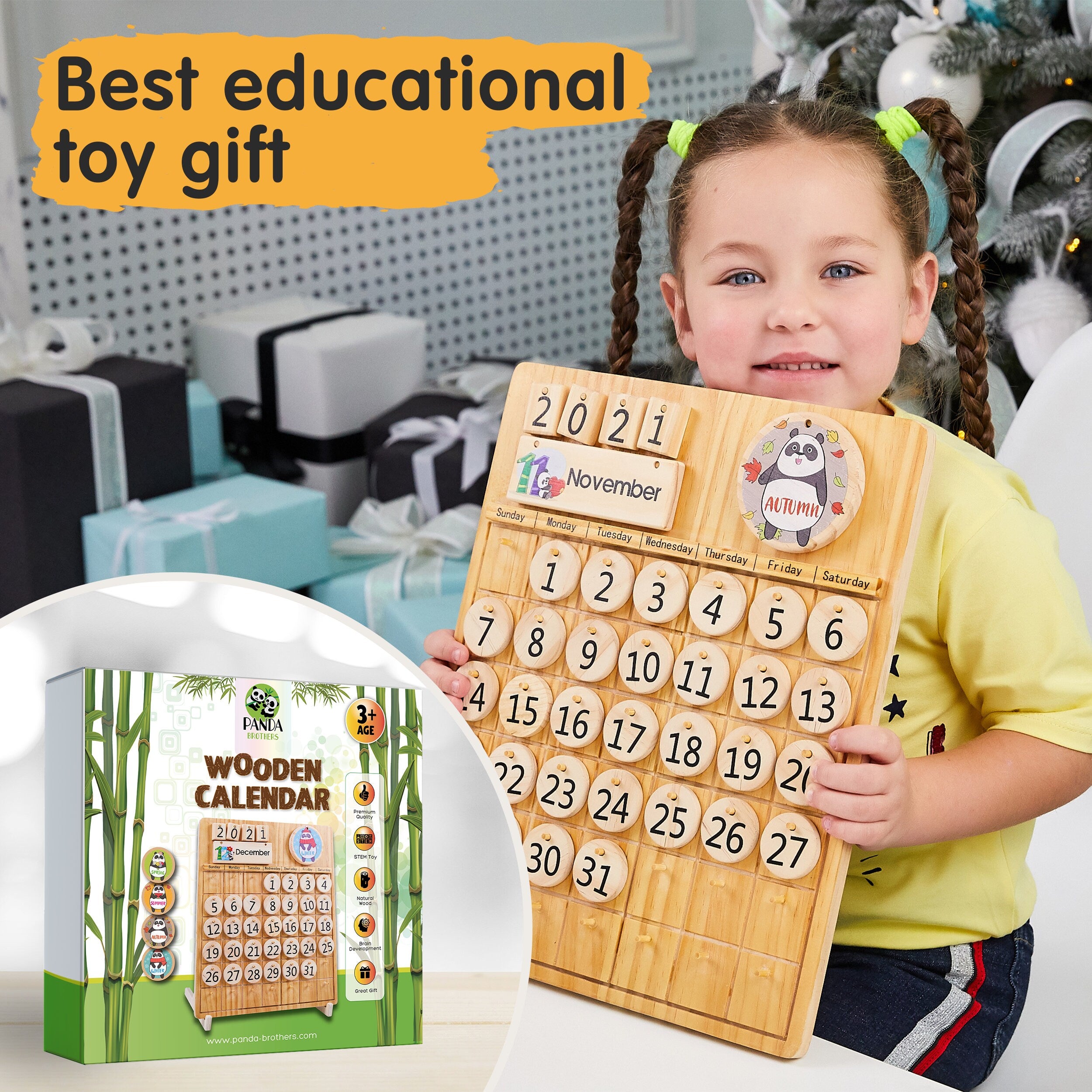 Wooden Perpetual Calendar - Montessori Toys for Kids Learning Seasons, Months and Days of Year, Preschool and Classroom Toddlers STEM Toy