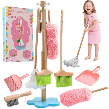 6 Pcs Wooden Toddler Cleaning Set, Pretend Play Household Cleaning Tools Gifts for Kids Age 3-6, Includes Broom, Mop, Duster and Dustpan, Safe & Durable