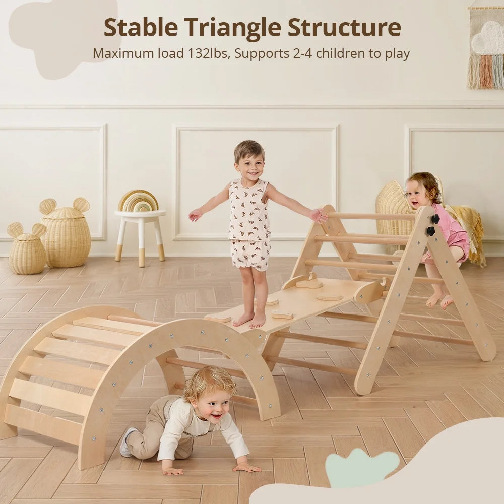 Pikler Triangle Set,  8 in 1 Montessori Climbing Set, Wooden Climbing Toys, with Arch, Ramp, Ladder, Tent and Cushion, Indoor Jungle Gym for Toddlers 0.5-6 Years Old