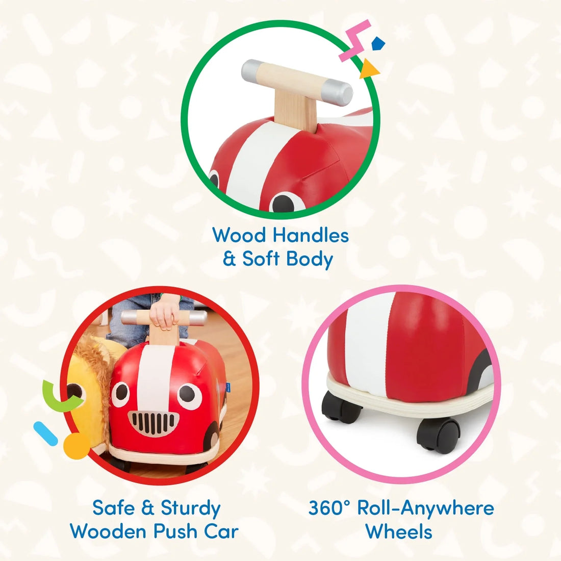 Rollin' Race Car Ride-On Toy with Wooden Handle, Toddler and Preschool Toys