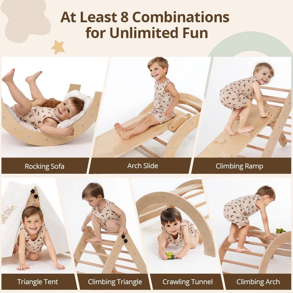 Pikler Triangle Set,  8 in 1 Montessori Climbing Set, Wooden Climbing Toys, with Arch, Ramp, Ladder, Tent and Cushion, Indoor Jungle Gym for Toddlers 0.5-6 Years Old