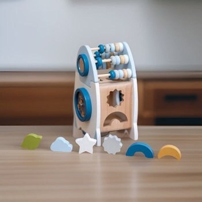 Wooden Montessori Space Rocket Busy Cube: Shape Sorting Toy