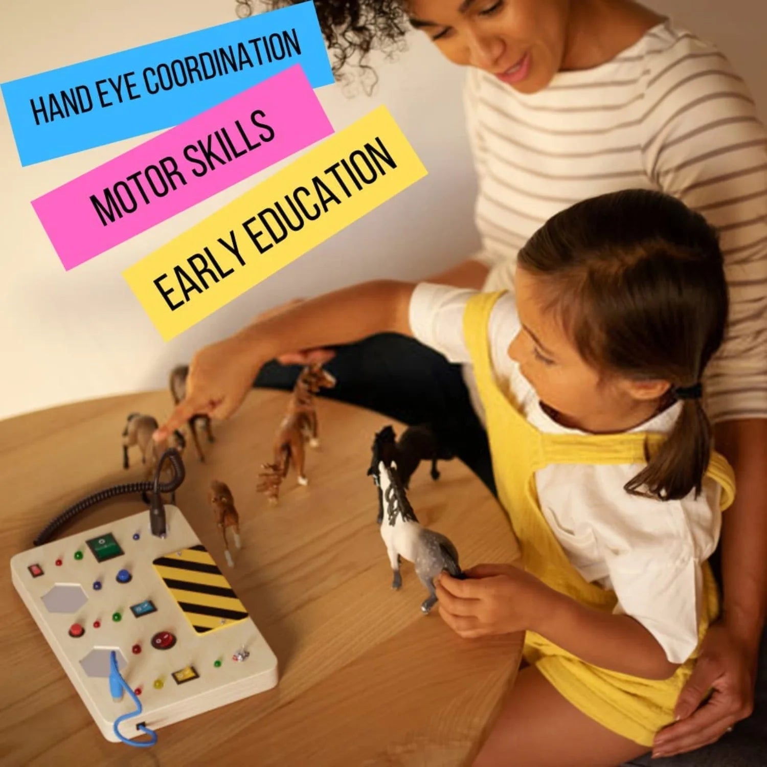 Large Montessori Wooden Busy Board with Light up LED Buttons - Educational Sensory Learning Toy for Toddlers