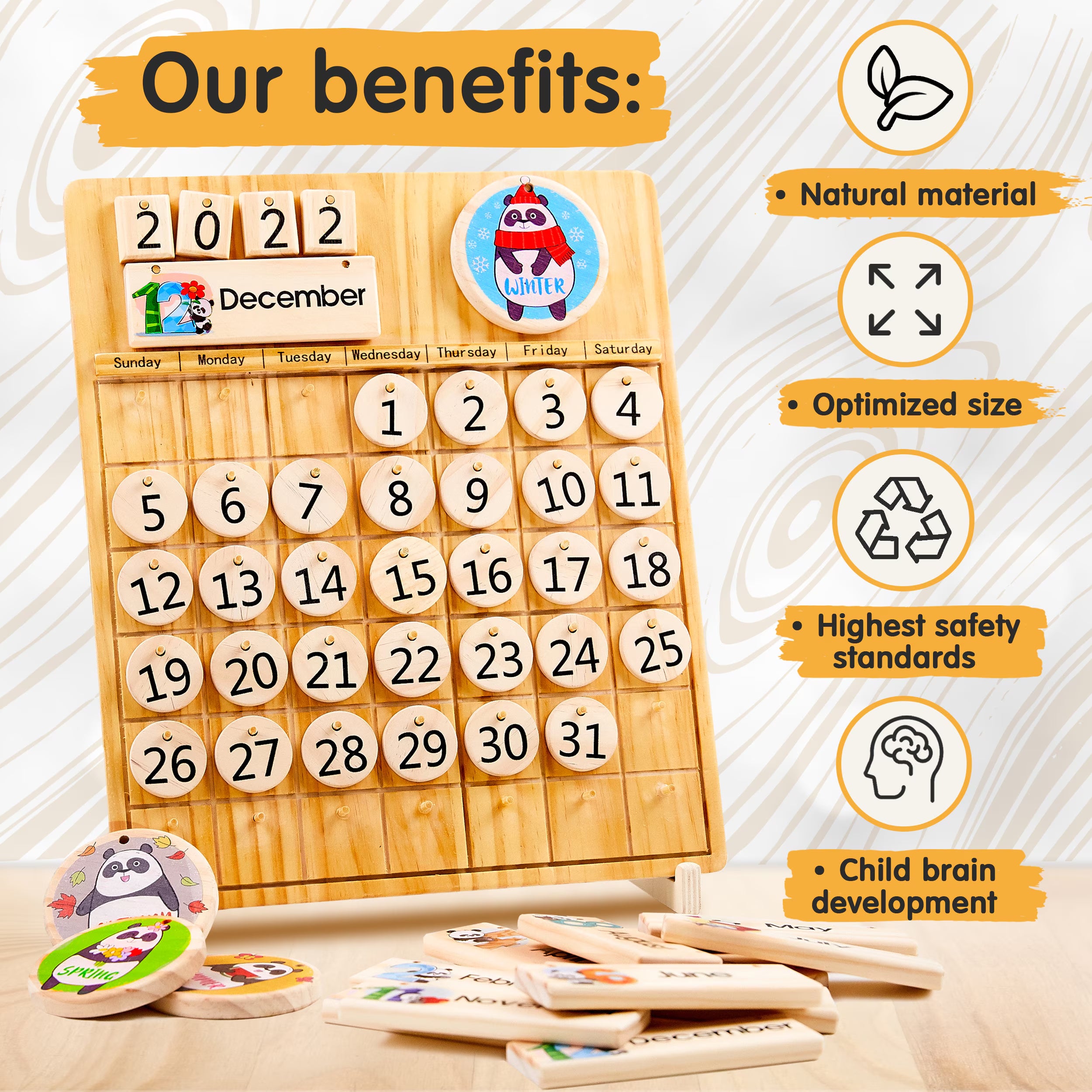 Wooden Perpetual Calendar - Montessori Toys for Kids Learning Seasons, Months and Days of Year, Preschool and Classroom Toddlers STEM Toy