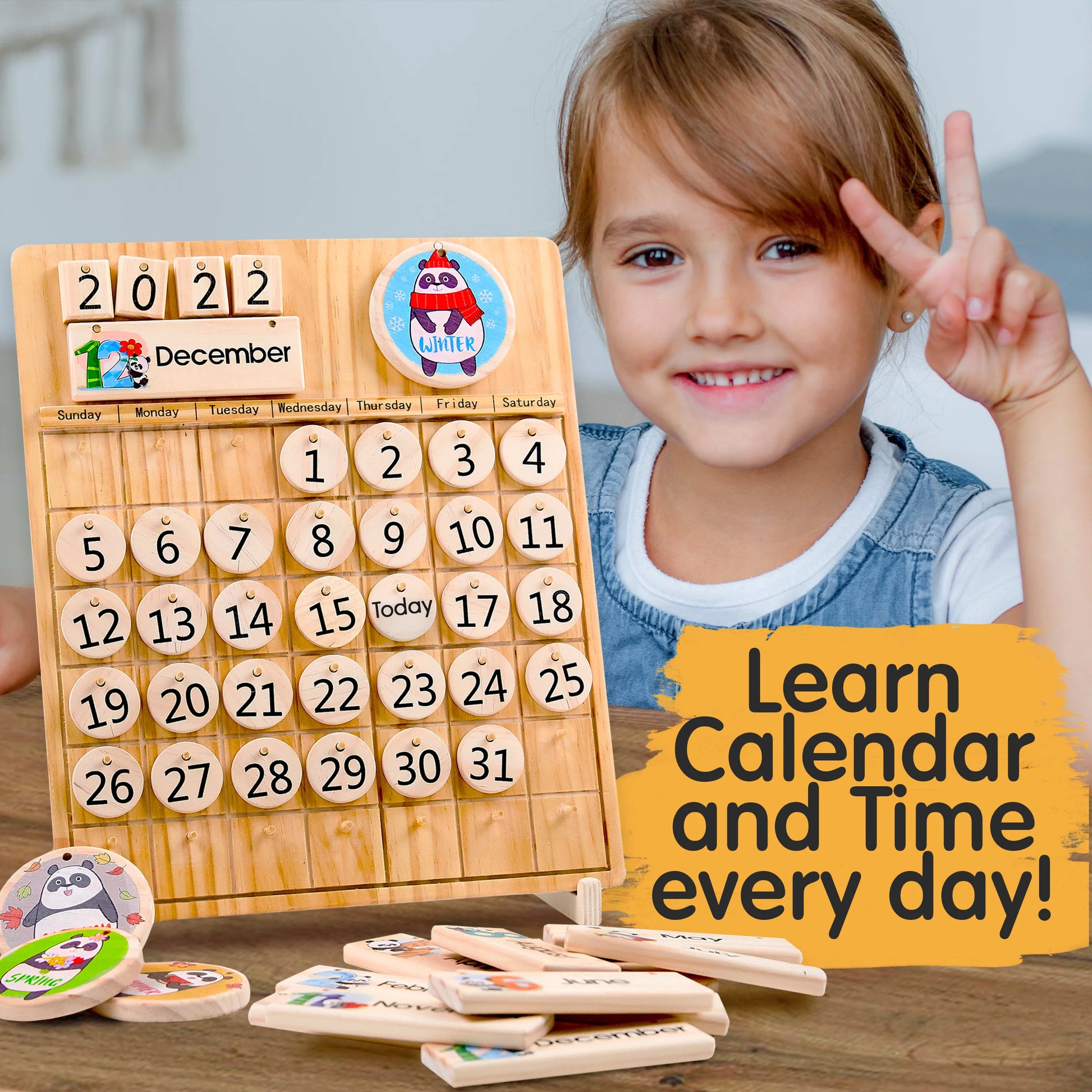 Wooden Perpetual Calendar - Montessori Toys for Kids Learning Seasons, Months and Days of Year, Preschool and Classroom Toddlers STEM Toy