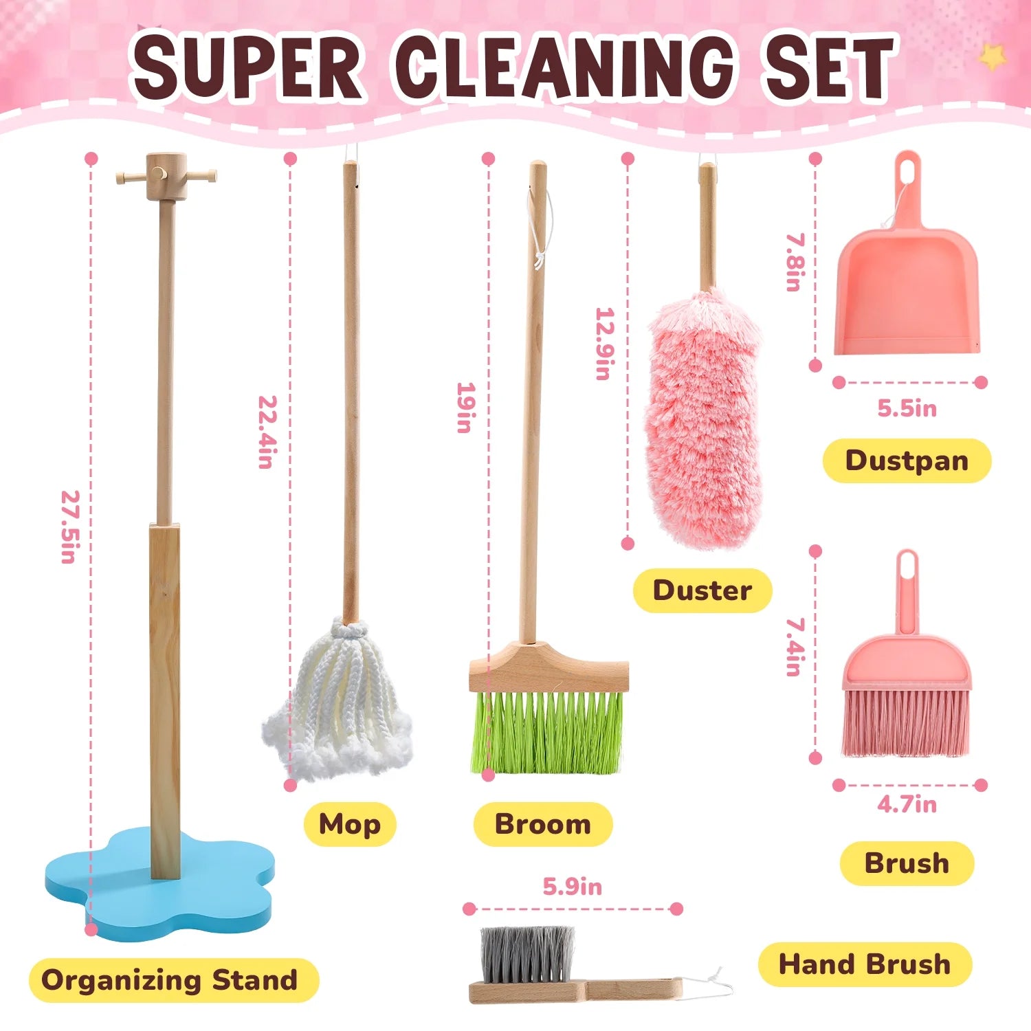 6 Pcs Wooden Toddler Cleaning Set, Pretend Play Household Cleaning Tools Gifts for Kids Age 3-6, Includes Broom, Mop, Duster and Dustpan, Safe & Durable