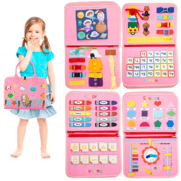 Busy Board for Fine Motor Skills, Montessori Toy for Autism, Travel Toy for Toddlers, Preschool Learning Toys for 1 2 3 4 Year Old, Gift for Girls & Boys, Pink