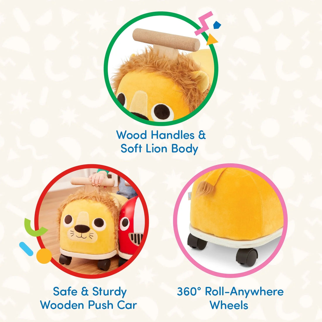 Rollin' Lion Animal Ride-On Toy with Wooden Handle, Toddler and Preschool Toys
