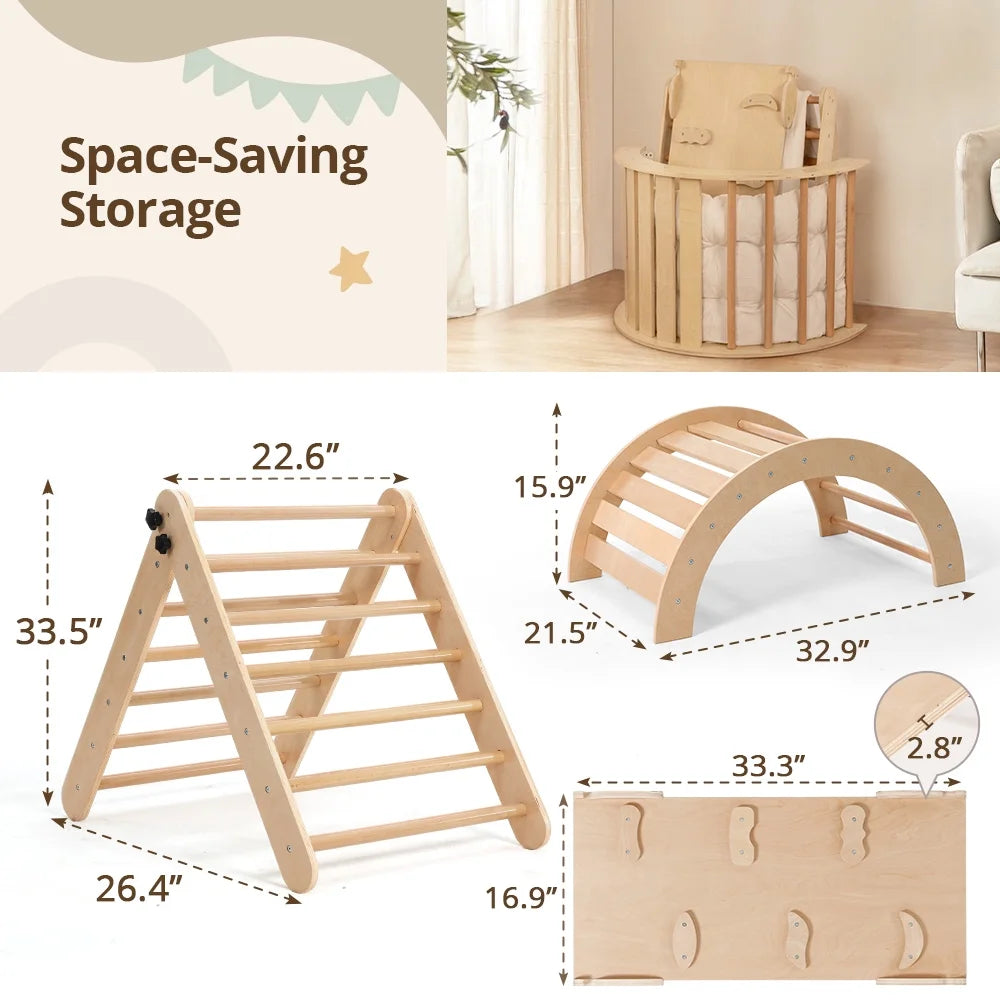 Pikler Triangle Set,  8 in 1 Montessori Climbing Set, Wooden Climbing Toys, with Arch, Ramp, Ladder, Tent and Cushion, Indoor Jungle Gym for Toddlers 0.5-6 Years Old