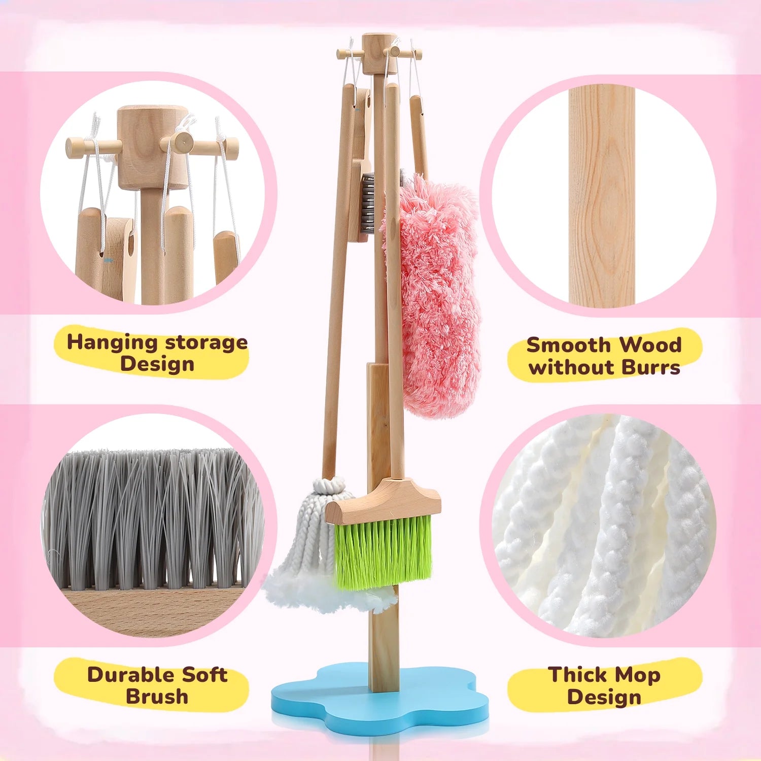 6 Pcs Wooden Toddler Cleaning Set, Pretend Play Household Cleaning Tools Gifts for Kids Age 3-6, Includes Broom, Mop, Duster and Dustpan, Safe & Durable