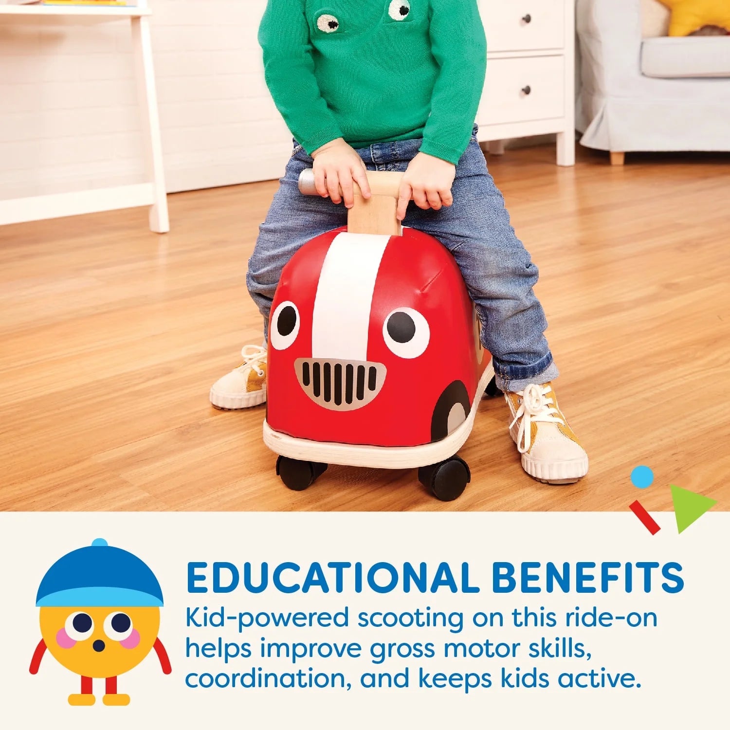 Rollin' Race Car Ride-On Toy with Wooden Handle, Toddler and Preschool Toys