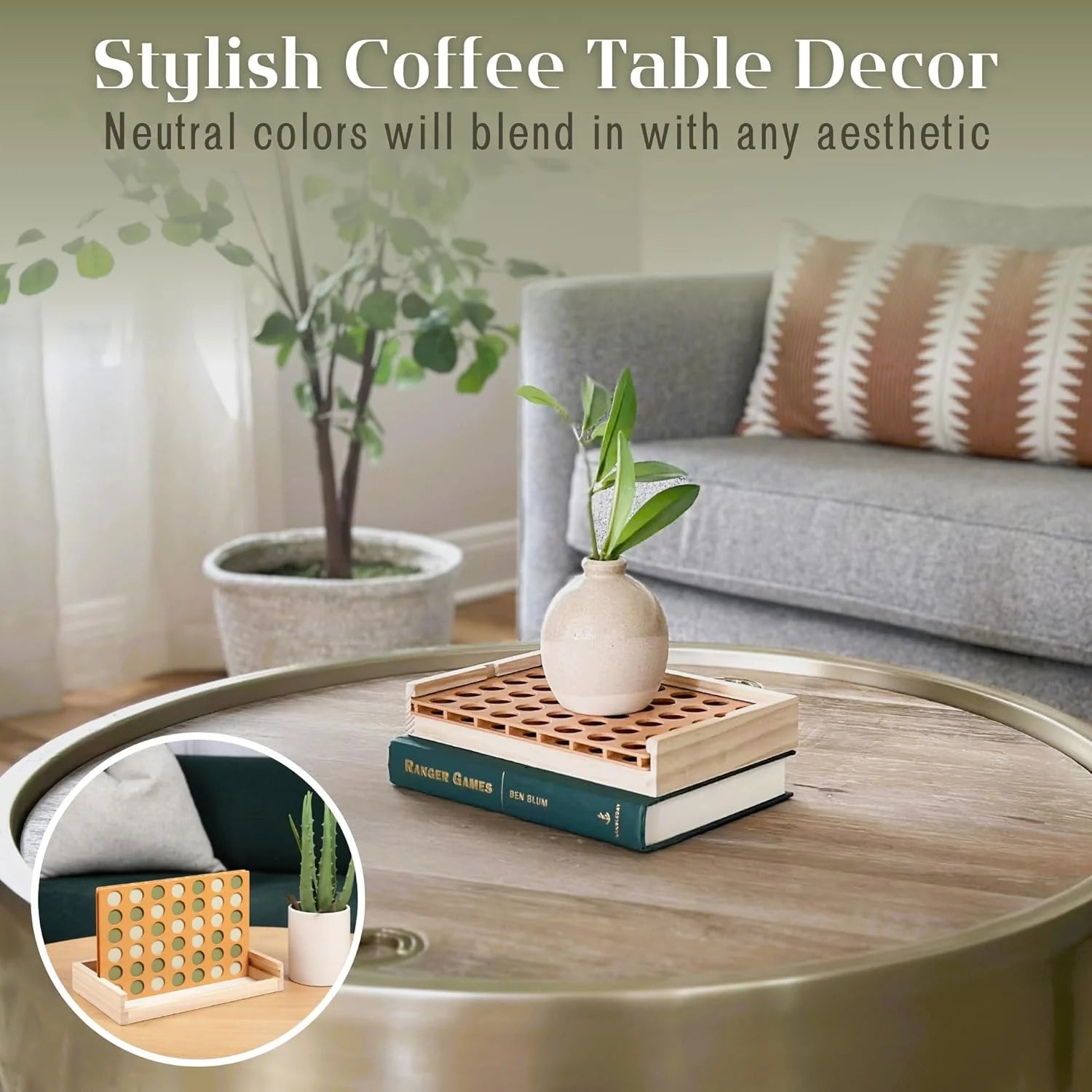 Neutral Wooden Four in a Row Game, Aesthetic Two Player Montessori Travel Board Game for Kids and Adults, Perfect Coffee Table Decor and Housewarming Gift