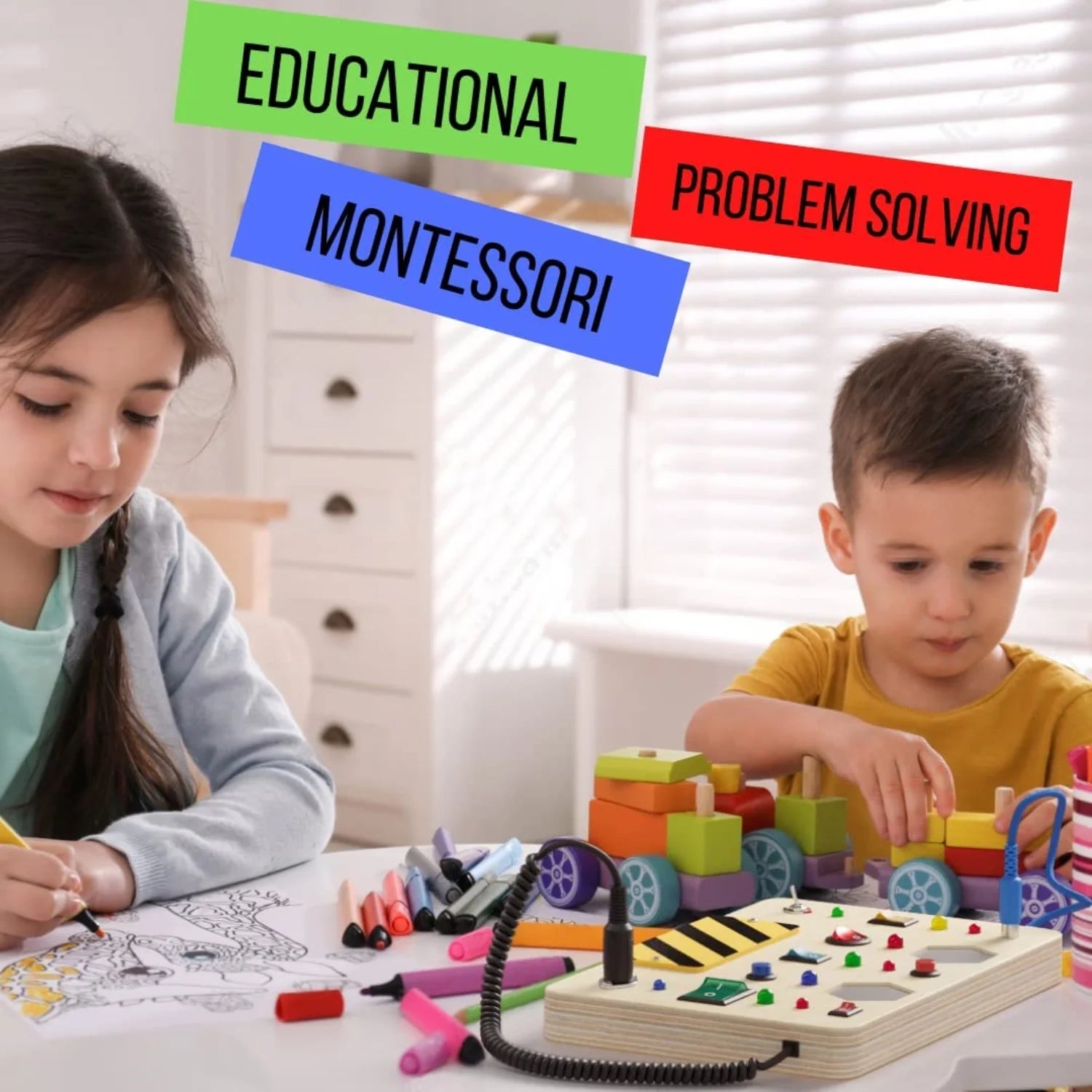Large Montessori Wooden Busy Board with Light up LED Buttons - Educational Sensory Learning Toy for Toddlers