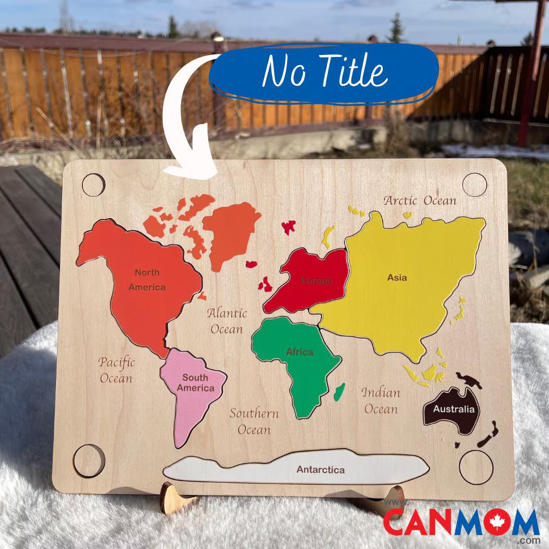 Wooden World Puzzle Map – Montessori Geography Toy | Canadian Maple Wood | Formaldehyde-Free | Custom Name Option
