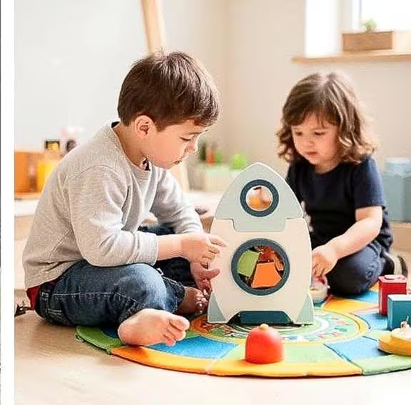 Wooden Montessori Space Rocket Busy Cube: Shape Sorting Toy