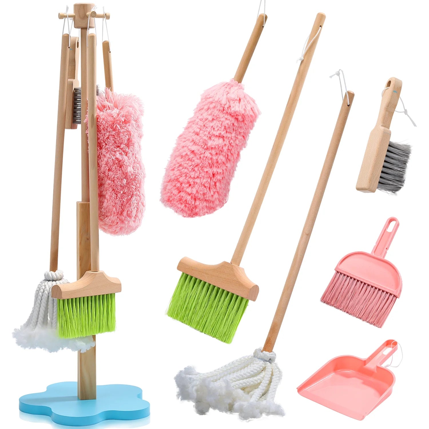 6 Pcs Wooden Toddler Cleaning Set, Pretend Play Household Cleaning Tools Gifts for Kids Age 3-6, Includes Broom, Mop, Duster and Dustpan, Safe & Durable