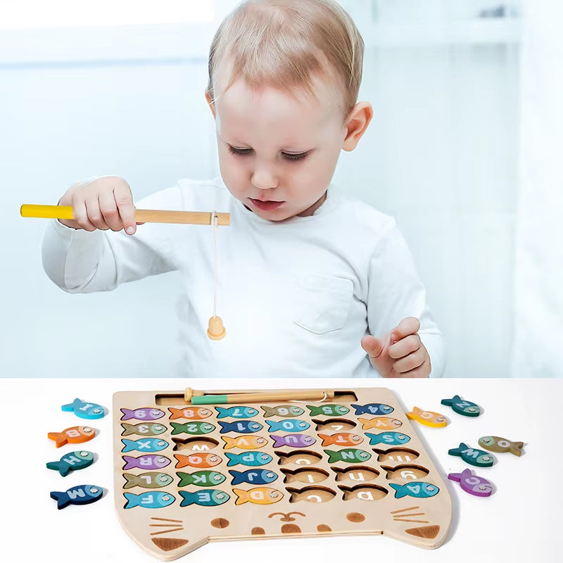 Kids Wooden Fishing Game Toys Gifts Early Education Alphabet Numeric Cognitive Toys Children Interactive Games Toys for Gifts