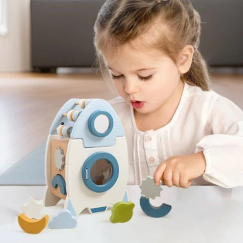 Wooden Montessori Space Rocket Busy Cube: Shape Sorting Toy