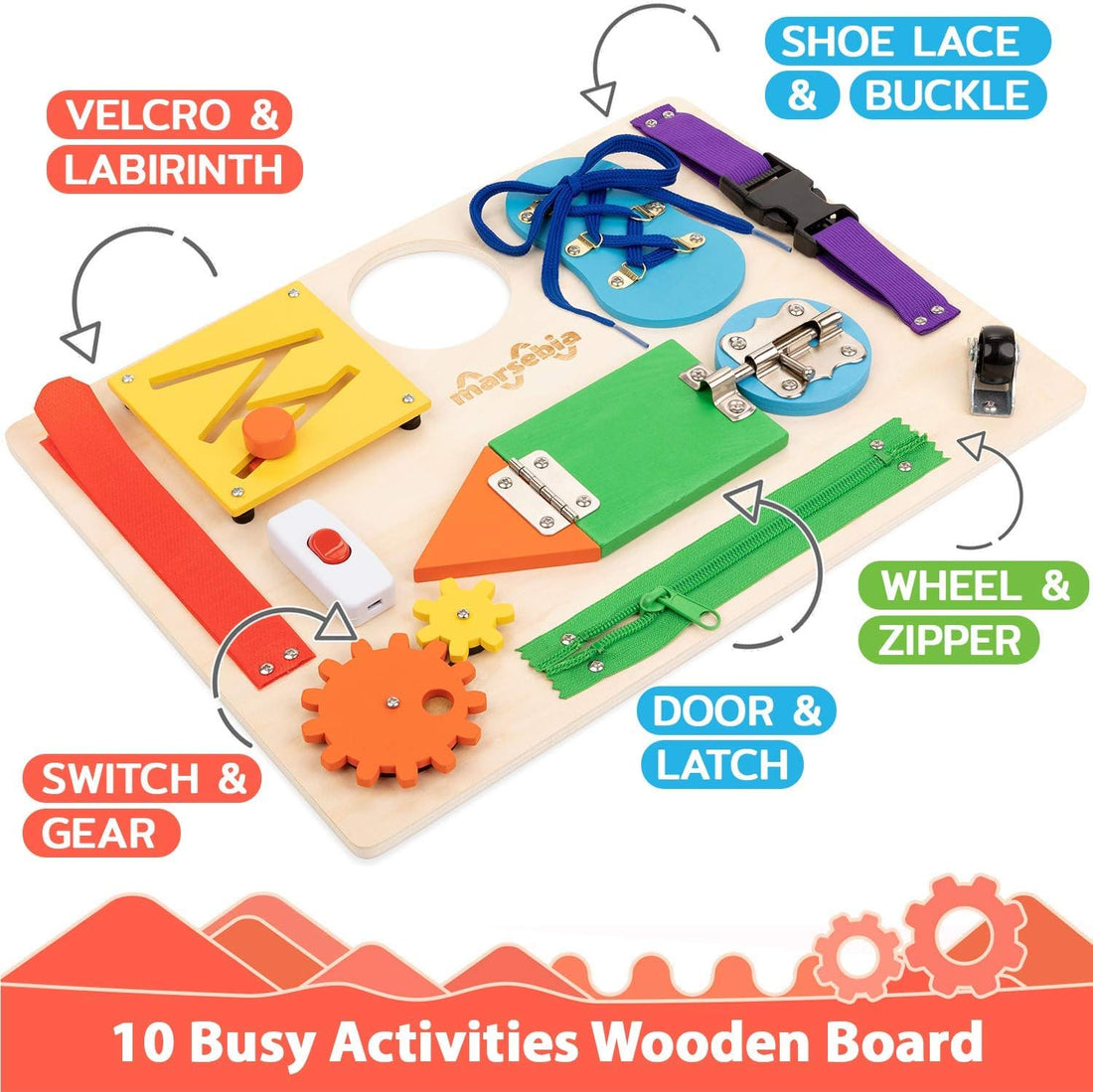 Montessori Busy Board for Toddlers - Activity Board for Fine Motor Skills, 3 Years Travel Toy with Basic Life Skills Activities - Wooden Sensory Toy for Boys & Girls, Multiple Colors