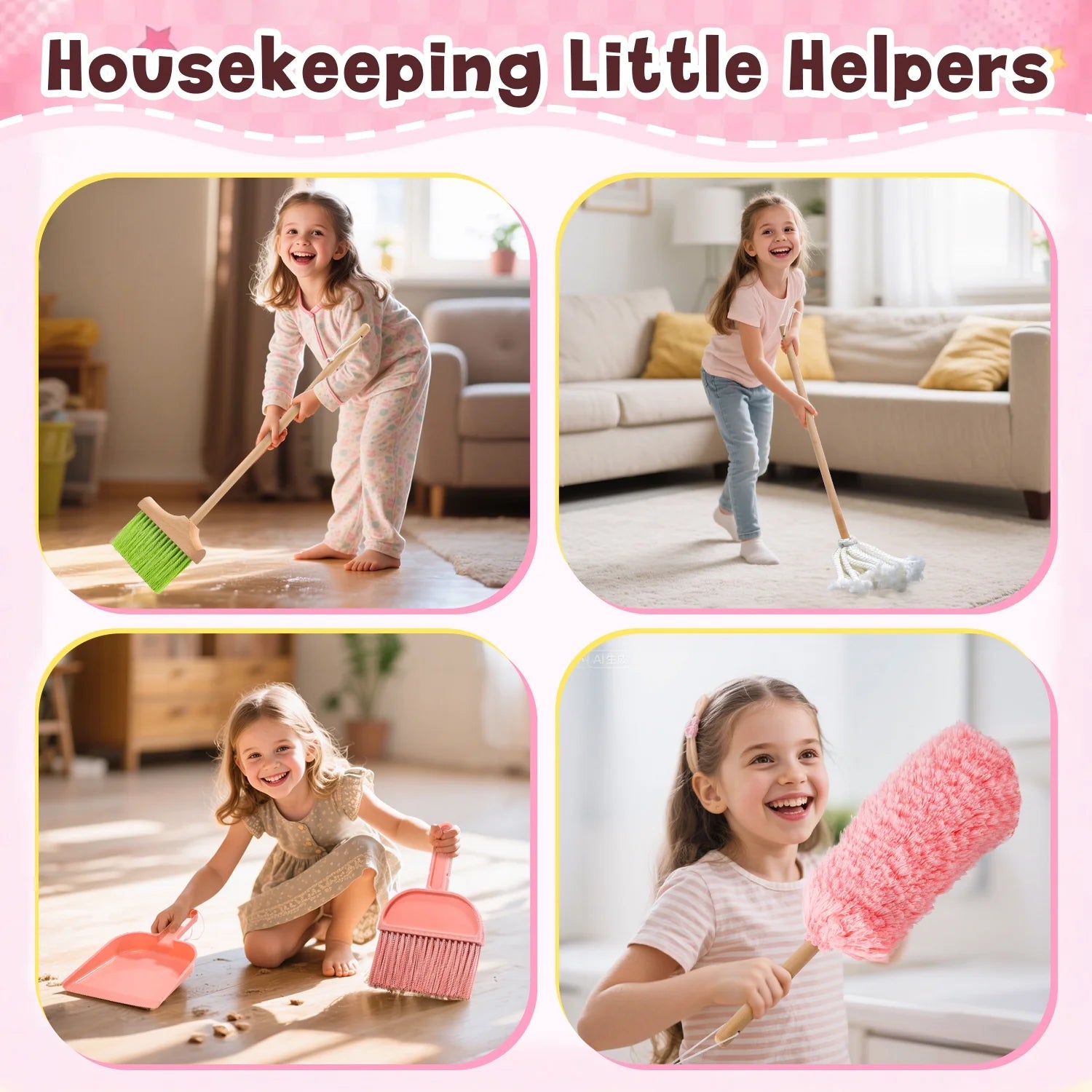 6 Pcs Wooden Toddler Cleaning Set, Pretend Play Household Cleaning Tools Gifts for Kids Age 3-6, Includes Broom, Mop, Duster and Dustpan, Safe & Durable