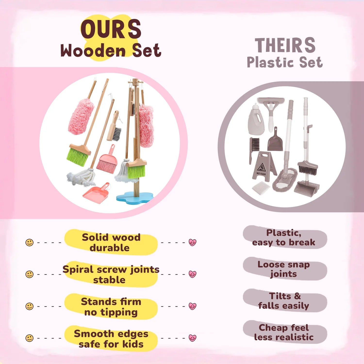 6 Pcs Wooden Toddler Cleaning Set, Pretend Play Household Cleaning Tools Gifts for Kids Age 3-6, Includes Broom, Mop, Duster and Dustpan, Safe & Durable