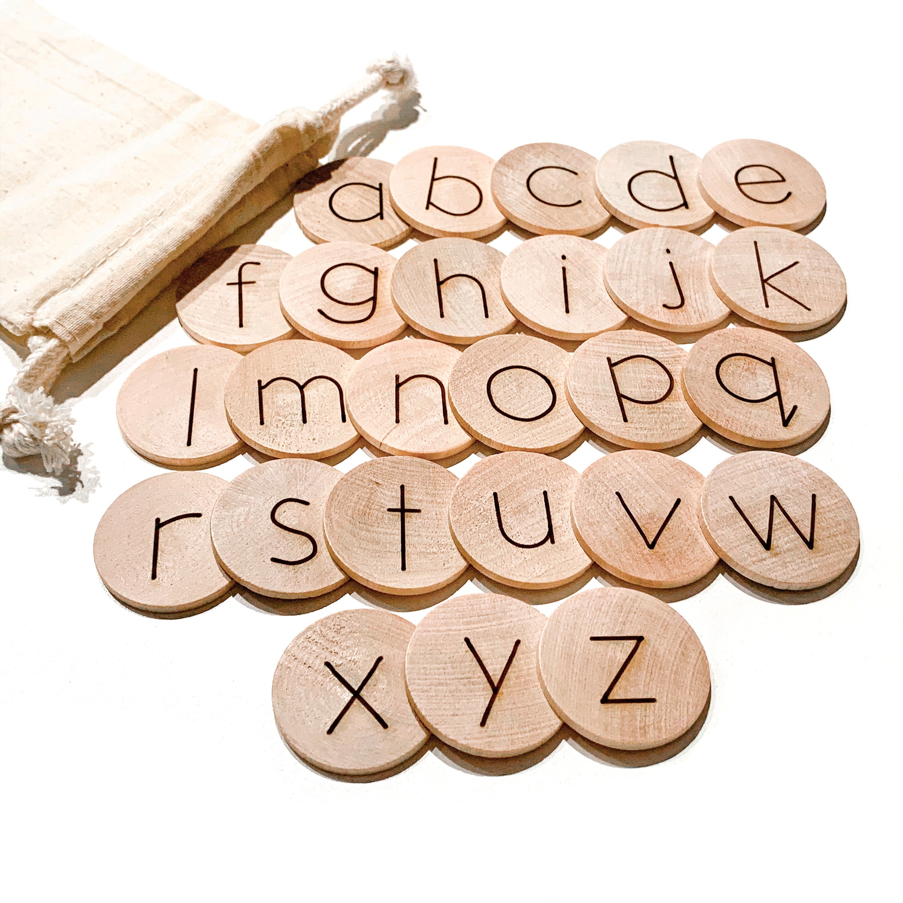 Montessori Alphabet Wood Discs / Lowercase Alphabet / Alphabet Flash Cards / Moveable Alphabet / Homeschool Preschool Kindergarten Reggio