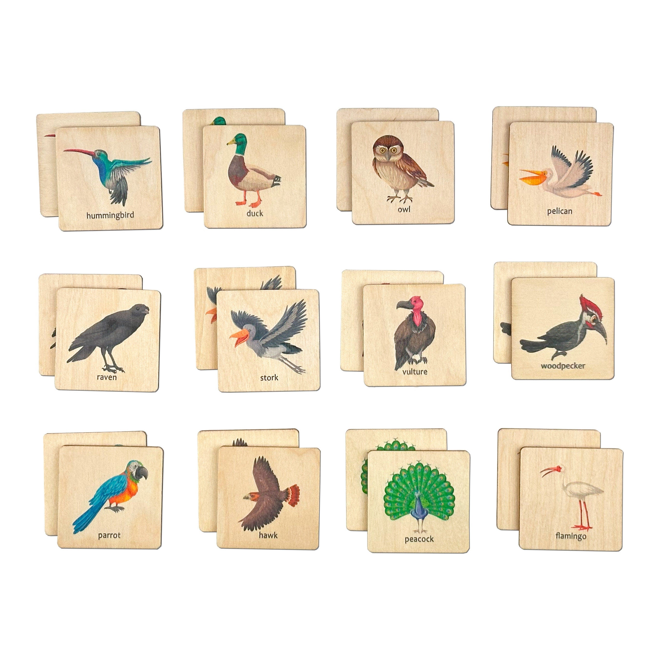 Montessori Wooden Birds Memory Game, 1 2 3 4 Year Old Montessori Materials, Wooden Flash Cards, Homeschool Gift, Toddler Birthday Boy Gift