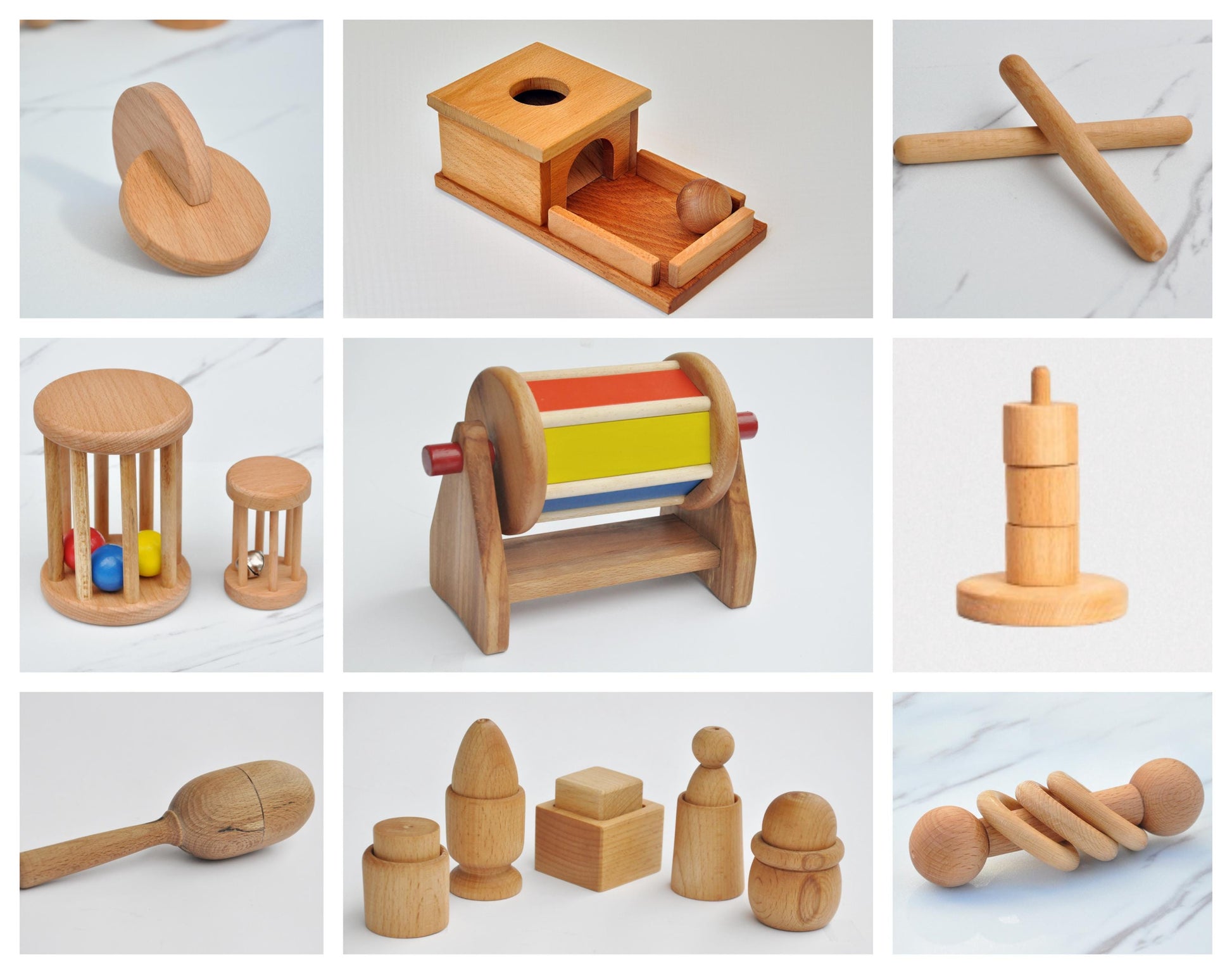 Montessori Wooden Baby Toy Set – Rolling Drum, Interlocking Discs, Object Box, Egg in Cup, Bell Cylinder
