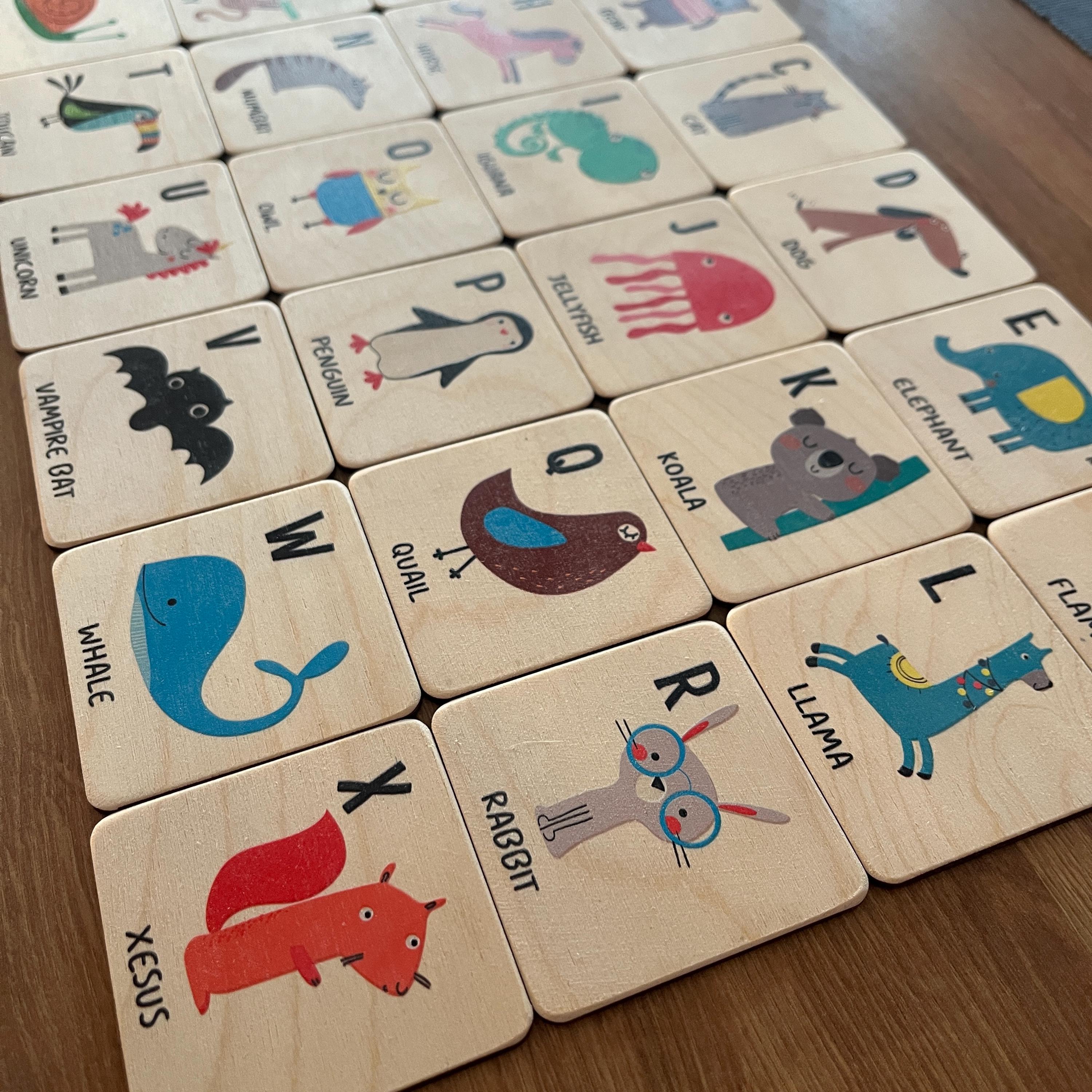 Wooden Animal Alphabet Flash Cards: Montessori Learning Toy