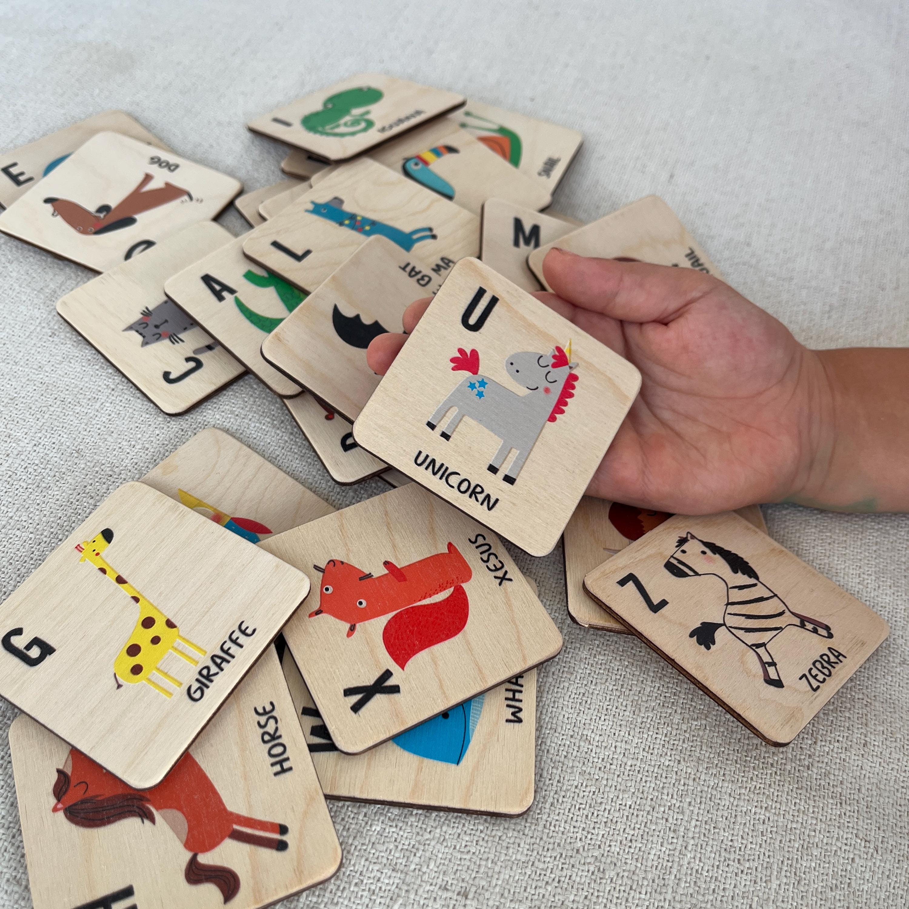 Wooden Animal Alphabet Flash Cards: Montessori Learning Toy