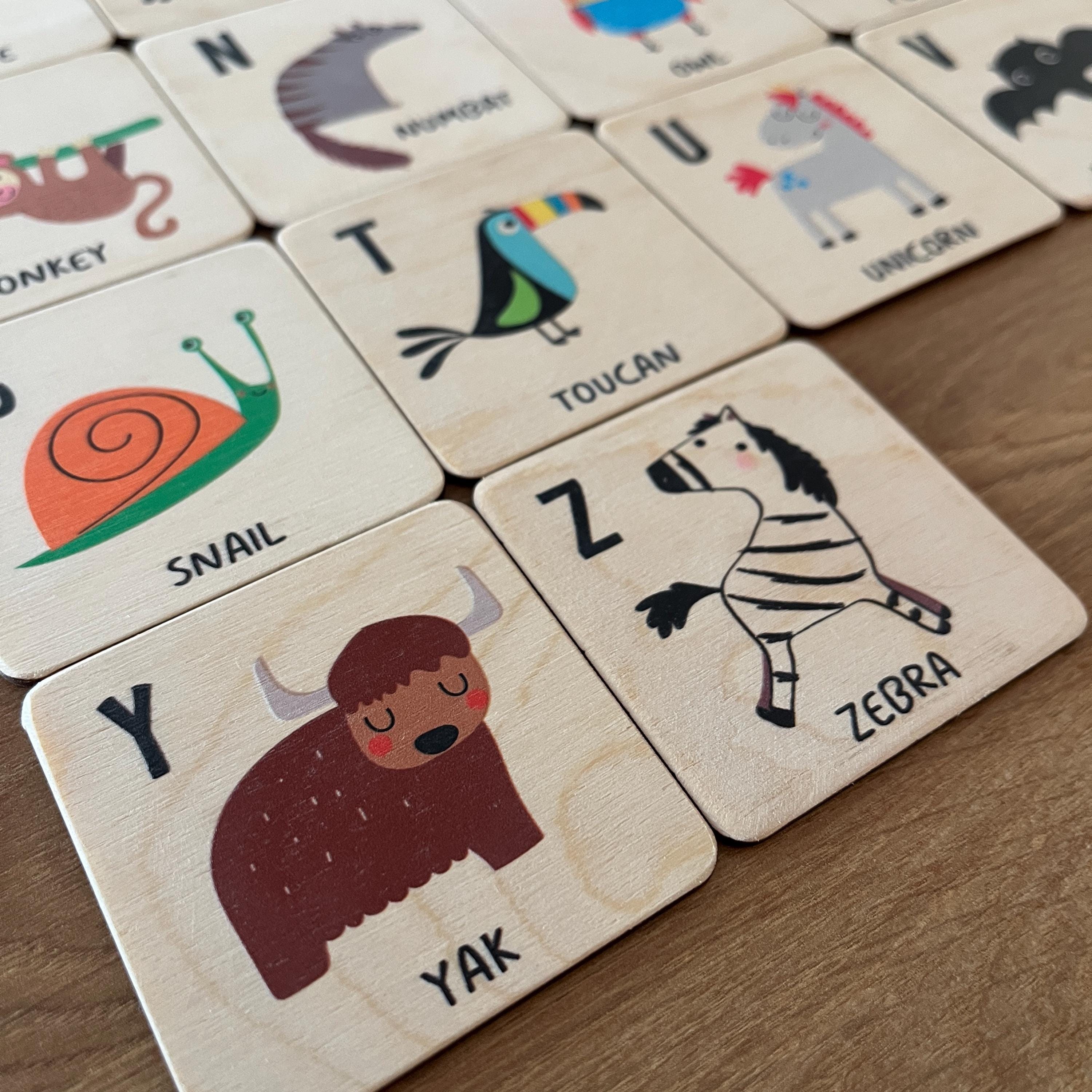 Wooden Animal Alphabet Flash Cards: Montessori Learning Toy